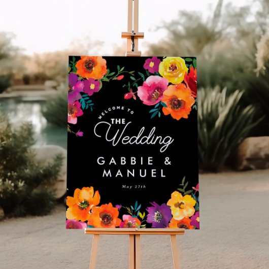 フィエスタカラフルフローラブラック結婚のウェルカムサイン ポスター