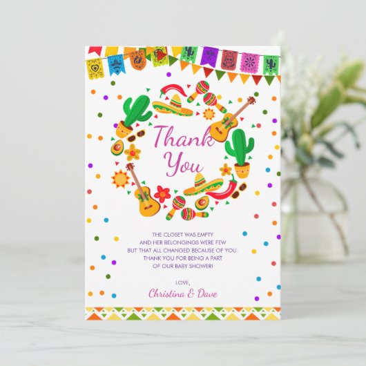 フィエスタカラフルメキシコ文化サボテン赤ちゃんシャワー サンキューカード (スタンド正面)