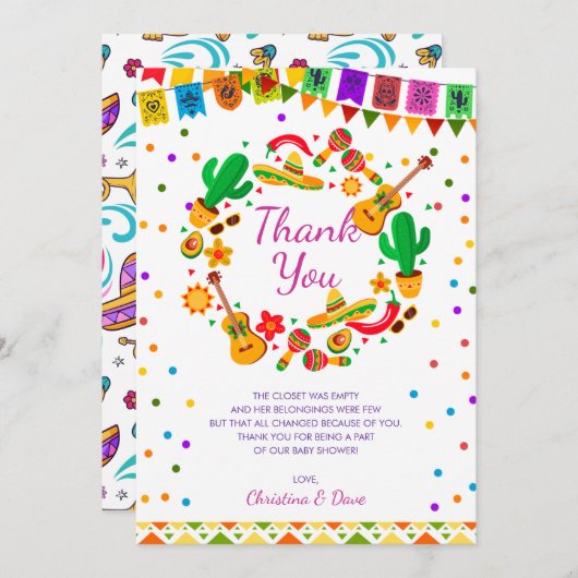 フィエスタカラフルメキシコ文化サボテン赤ちゃんシャワー サンキューカード (正面/裏面)