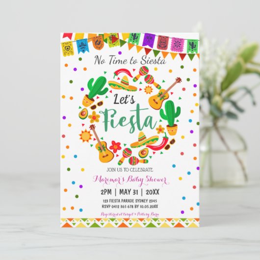 フィエスタカラフルメキシコ文化サボテン赤ちゃんシャワー 招待状 (スタンド正面)