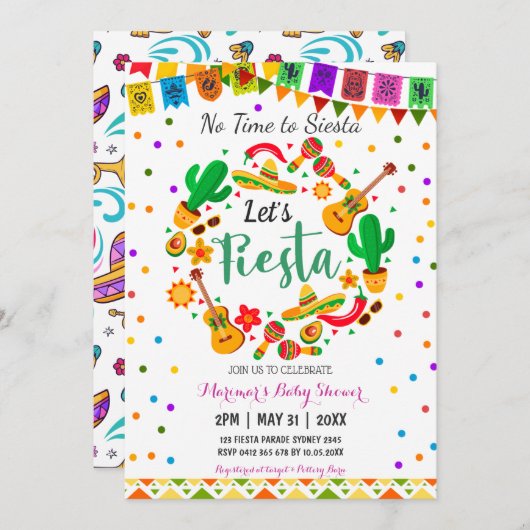 フィエスタカラフルメキシコ文化サボテン赤ちゃんシャワー 招待状 (正面/裏面)