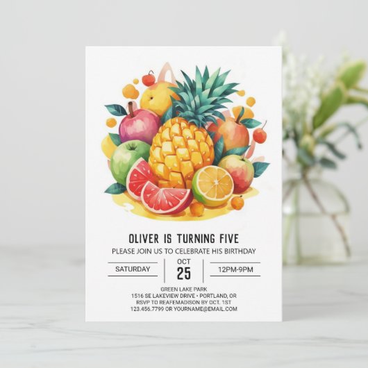 フィエスタキッズ編集可能フルーツ誕生日 招待状 (スタンド正面)