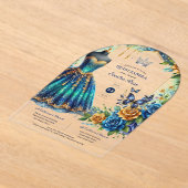 フィエスタキンセアニェラフローラ蝶ブルー金ゴールド アクリル招待状 (レイダウン)
