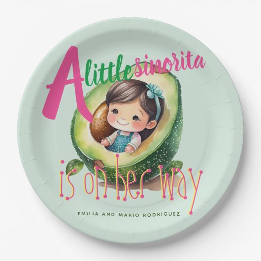 フィエスタシノリタベビーガールシャワーパティウェアアボカド ペーパープレート (正面)