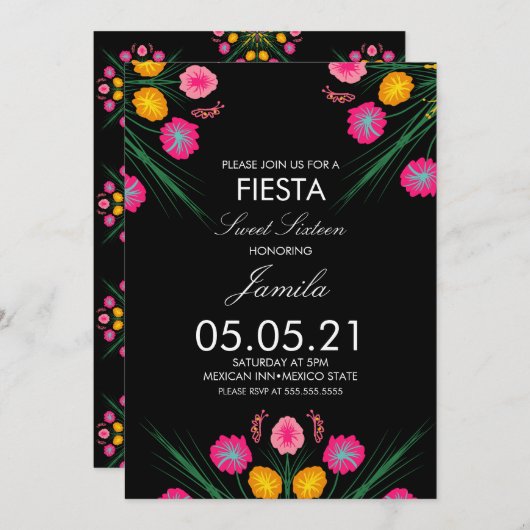 フィエスタスウィート16メキシコ描フローラ蝶 招待状 (正面/裏面)