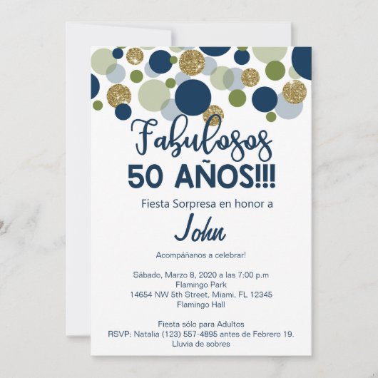 フィエスタソルプレサ、男性の誕生日の招待。 招待状 (正面)