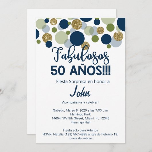 フィエスタソルプレサ、男性の誕生日の招待。 招待状 (正面/裏面)