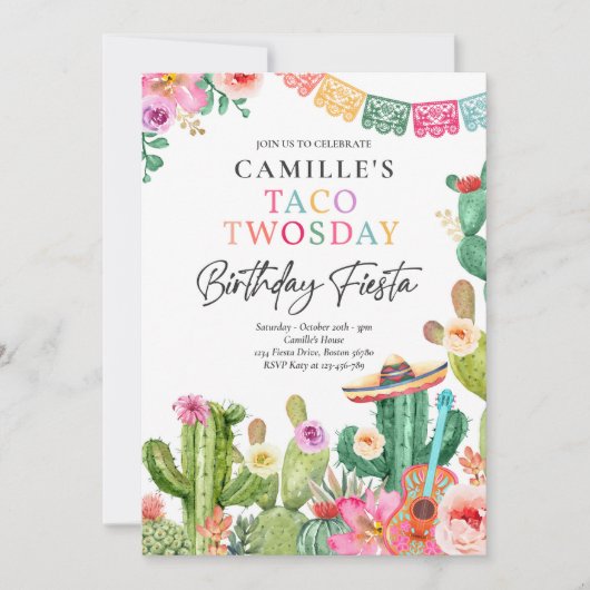 フィエスタタコトゥオズデイウォーターカラーサボテン2nd誕生日 招待状 (正面)