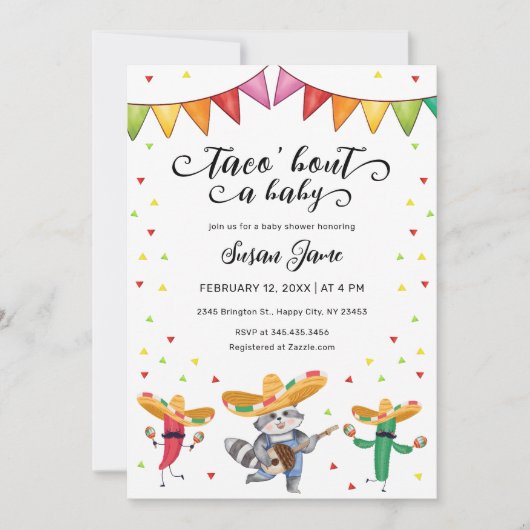 フィエスタタコ'ベビーサボテン動物の赤ちゃんシャワーについて 招待状 (正面)