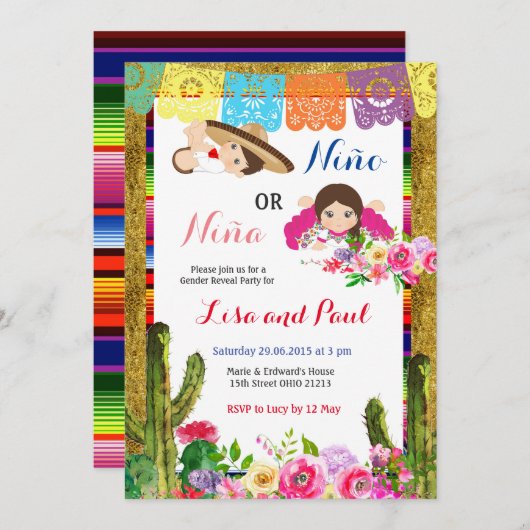 フィエスタニーニョまたはニーニャジェンダーのリビール 招待状 (正面/裏面)