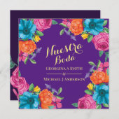 フィエスタヌエストラボダパープルオレンジピンクの花 招待状 (正面/裏面)