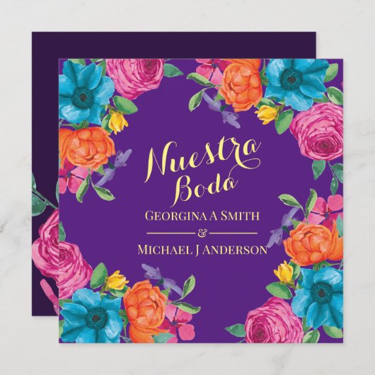 フィエスタヌエストラボダパープルオレンジピンクの花 招待状 (正面/裏面)
