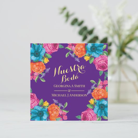 フィエスタヌエストラボダパープルオレンジピンクの花 招待状 (スタンド正面)