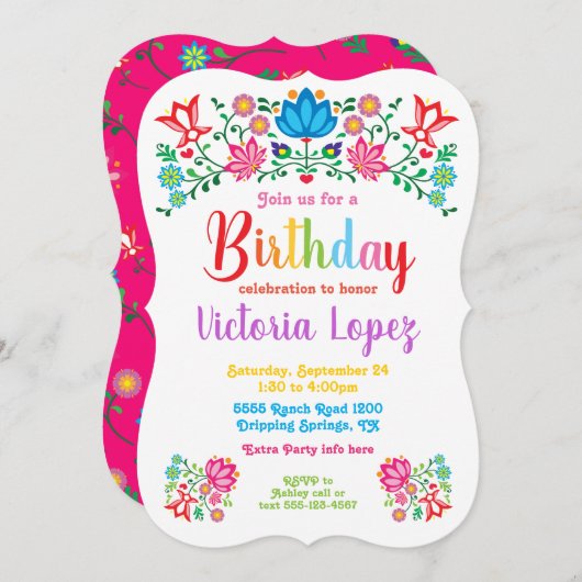フィエスタバースデーパーティーの民話の花 招待状 (正面/裏面)