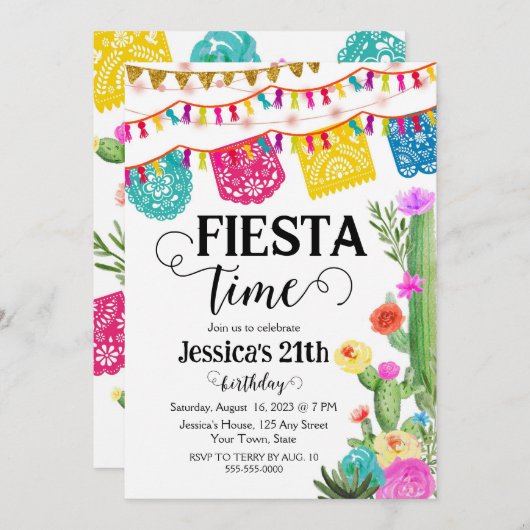 フィエスタバースデーパーティー招待メキシコテーマ 招待状 (正面/裏面)