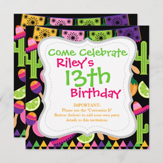 フィエスタパーティーソンブレロカクタスライムペッパーズマラカス 招待状 (正面/裏面)