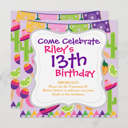 フィエスタパーティーソンブレロカクタスライムペッパーズマラカス 招待状 (正面/裏面)