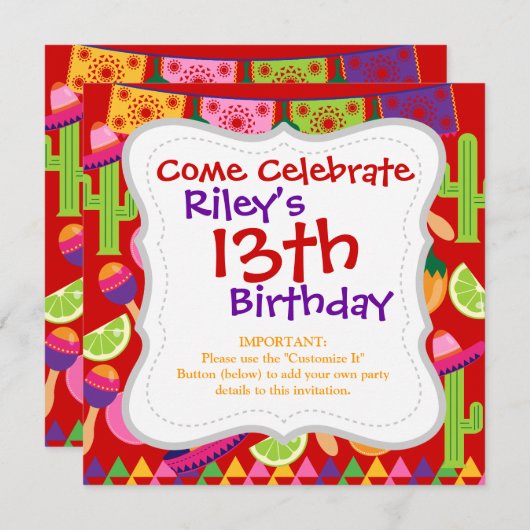 フィエスタパーティーソンブレロライムズギターマラカサグアロ 招待状 (正面/裏面)