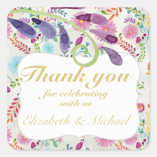 フィエスタフォークアートウォーターカラーフラワーパープルヨー スクエアシール (正面)