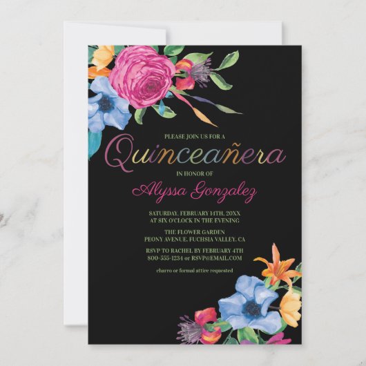 フィエスタフラワーズブラックウォーターカラーフローラキンセアニェラ 招待状 (正面)