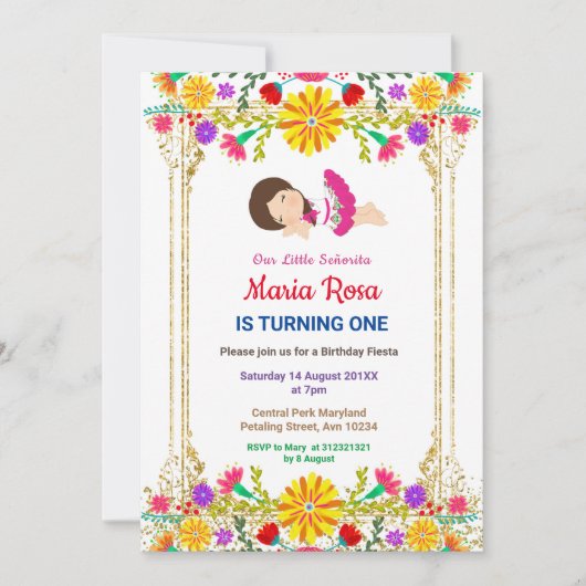 フィエスタフローラメキシコガールパーティー誕生日 招待状 (正面)