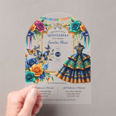 フィエスタフローラ蝶キンセアニェラブルー金ゴールド アクリル招待状 (インサイチュ (ポータブル))