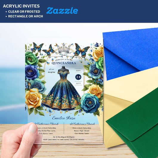 フィエスタフローラ蝶キンセアニェラブルー金ゴールド アクリル招待状