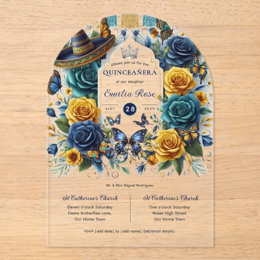 フィエスタフローラ蝶キンセアニェラ アクリル招待状 (正面)