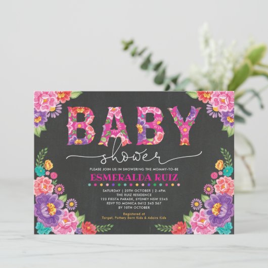 フィエスタベビーシャワー | メキシコのフローラ黒板 招待状 (スタンド正面)
