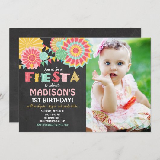 フィエスタメキシカンバースデーパーティー招待ピンク金ゴールド 招待状 (正面/裏面)