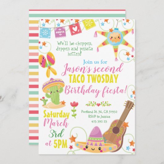 フィエスタメキシカンピナタタコトゥオズデイ誕生日インヴィット 招待状 (正面/裏面)
