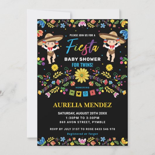 フィエスタメキシコかわいい双子ボーイズ双子ベビーシャワー 招待状 (正面)