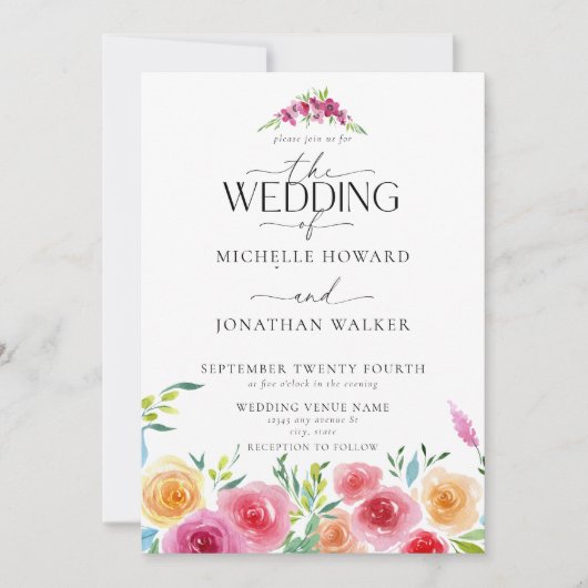 フィエスタメキシコエレガント花スクリプ結婚トQR 招待状 (正面)