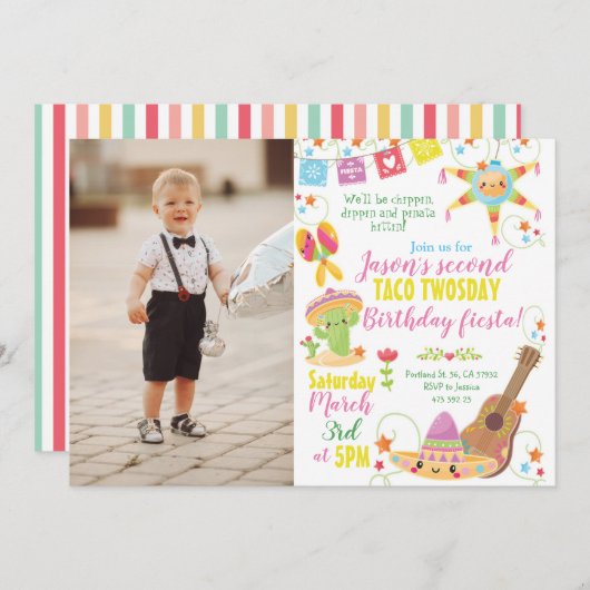 フィエスタメキシコピナタタコトゥオズデイ誕生日 招待状 (正面/裏面)