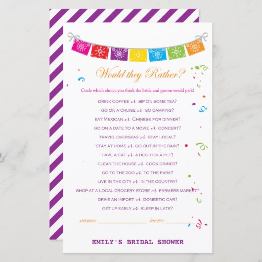 フィエスタメキシコブライダルシャワーゲームプリント (正面/裏面)