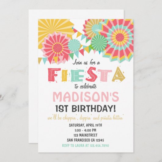 フィエスタメキシコ誕生日パーティー招待ピンク金ゴールド 招待状 (正面/裏面)
