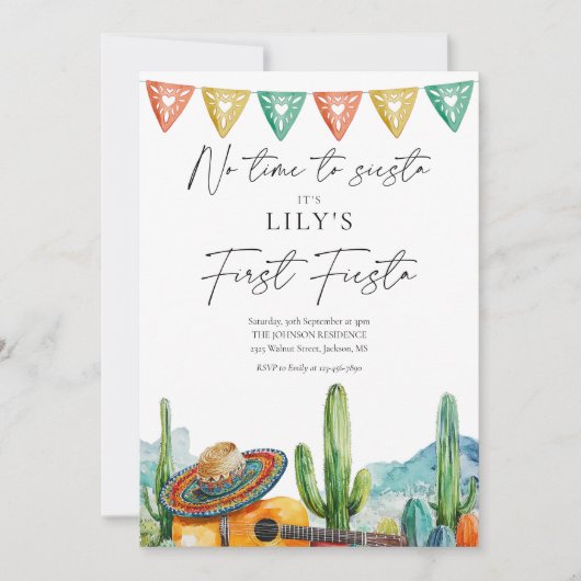 フィエスタモダンウォーターカラーサボテン1st誕生日 招待状 (正面)