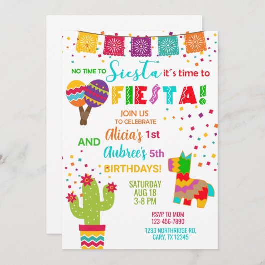 フィエスタ兄弟姉妹女の子の誕生日の招待招待状。 招待状 (正面/裏面)