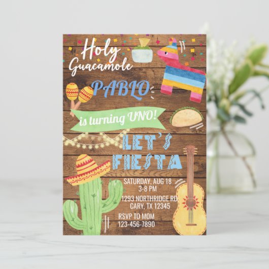 フィエスタ男の子の誕生日の招待状、男の子フィエスタ任意の年齢 招待状 (スタンド正面)