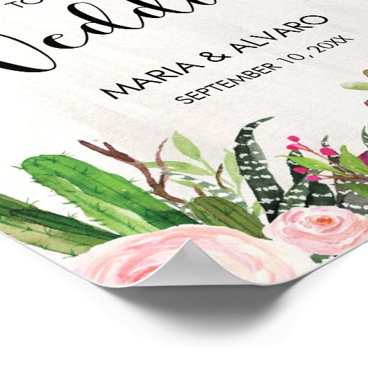 フィエスタ結婚のウェルカムサインフローラサボテンのポスター ポスター (角)