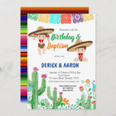 フィエスタ誕生日と双子の少年のためのバプテスマ 招待状 (正面/裏面)