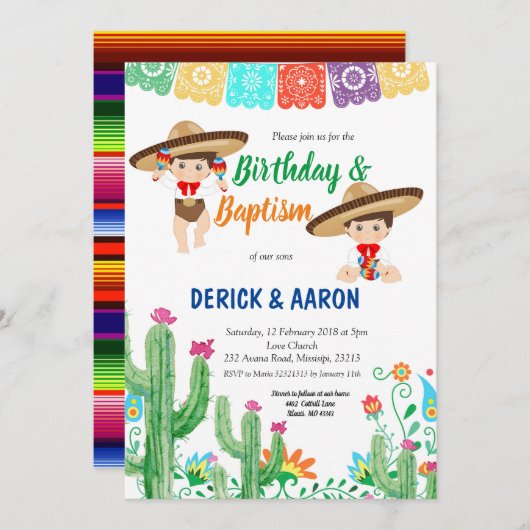 フィエスタ誕生日と双子の少年のためのバプテスマ 招待状 (正面/裏面)