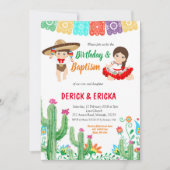 フィエスタ誕生日と双子の男の子と女の子のための洗礼 招待状 (正面)