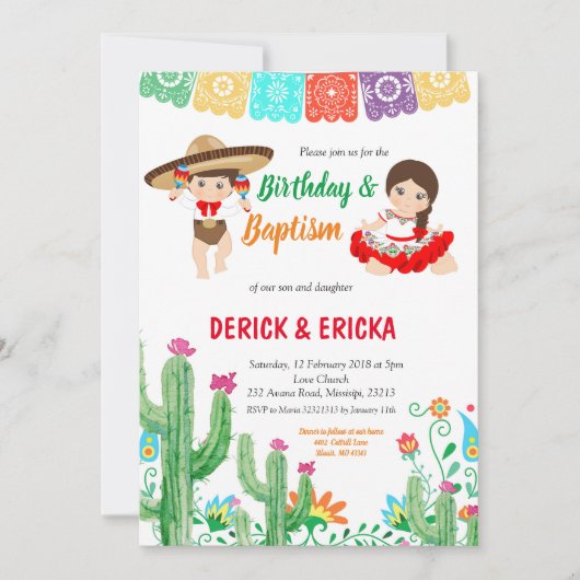 フィエスタ誕生日と双子の男の子と女の子のための洗礼 招待状 (正面)