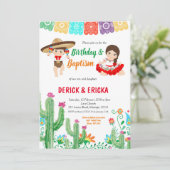 フィエスタ誕生日と双子の男の子と女の子のための洗礼 招待状 (スタンド正面)