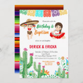 フィエスタ誕生日と双子の男の子と女の子のための洗礼 招待状 (正面/裏面)