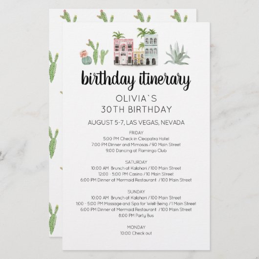 フィエスタ誕生日ウィークエンド旅程カード (正面/裏面)