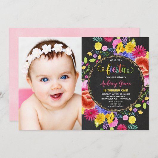 フィエスタ誕生日ガールフローラ水彩写真 招待状 (正面/裏面)