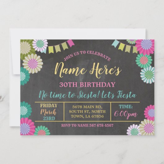 フィエスタ誕生日フローラメキシコファンピンク旗 招待状 (正面)