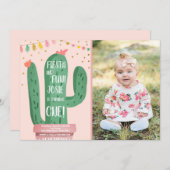 フィエスタ&おもしろいガールピンクカクタス1歳誕生日 招待状 (正面/裏面)